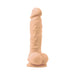 Realistic flesh-toned dildo with textured surface and suction base standing upright on white background.