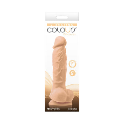Packaging of Colours Pleasures 5-inch vibrating dildo in flesh tone with realistic texture and silicone material.