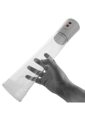 Hand holding a white Commander XL Electric Pump with clear chamber and control buttons on top.