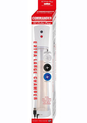 Commander XL Electric Pump in white with three sleeve size options and USB rechargeable feature in retail packaging.