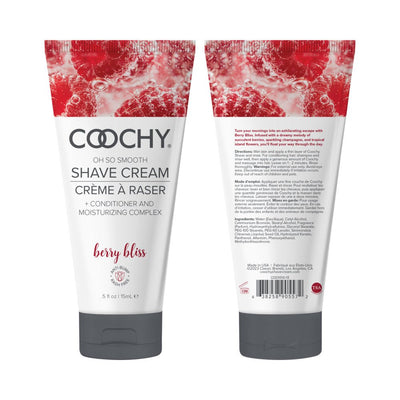 Front and back views of Coochy Berry Bliss Shave Cream tube with berry design and moisturizing formula details.