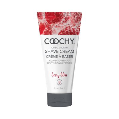 Tube of Coochy Berry Bliss shave cream with berry design and gray flip cap, 0.5oz size.