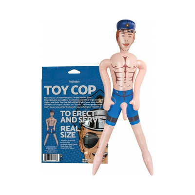Inflatable male party doll dressed as a cartoonish police officer with packaging in the background.