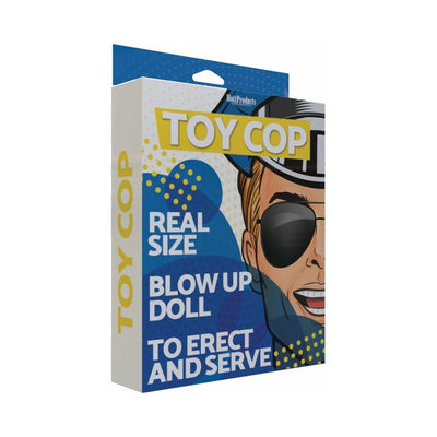 Packaging box for Toy Cop inflatable party doll with bold text and cartoon police officer illustration.