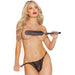 Blonde woman in black lace lingerie holding a black vegan leather paddle with diamond-printed handle and wrist strap.