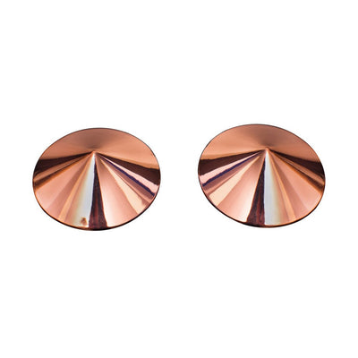 Pair of rose gold metallic cone-shaped nipple pasties with a shiny, reflective finish