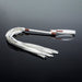 White vegan leather whip with multiple tails, rose gold accents, and adjustable wrist strap on reflective black surface.
