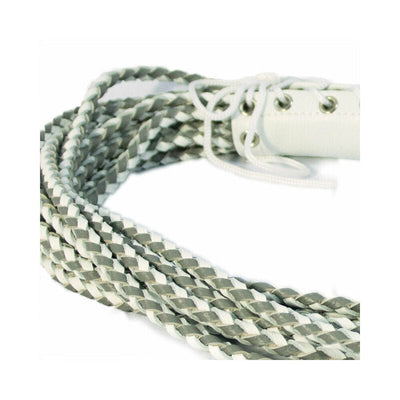 White and grey braided leather flogger with a corset-wrapped handle and wrist loop detail.