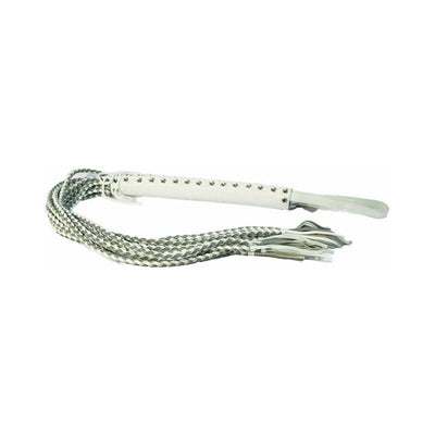 White and grey braided leather flogger with corset-wrapped handle and wrist loop for secure grip.