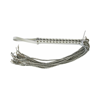 White and grey braided leather flogger with corset-style handle and wrist loop on white background