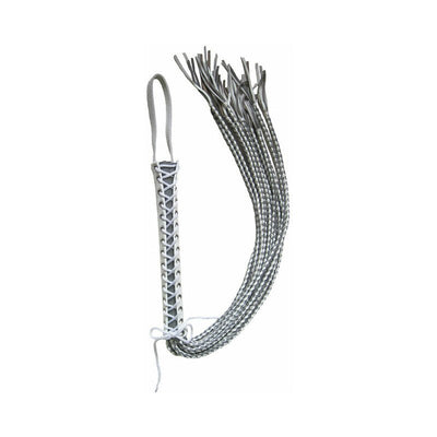 White and grey braided leather flogger with corset-style handle and wrist loop for secure grip.