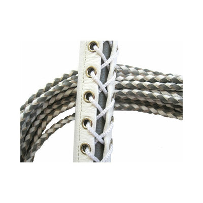 Close-up of white leather corset-style handle with lacing and braided grey and white leather strands of a flogger.