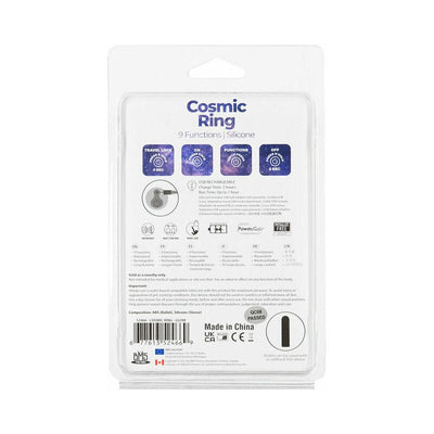 Packaging back view of the Cosmic Ring with 9 functions, silicone material, USB rechargeable, waterproof, and travel lock features.