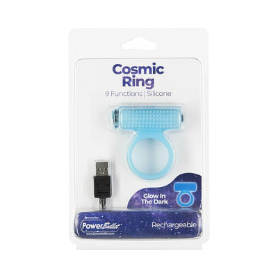 Cosmic Cock Ring in blue silicone with raised bristles, USB rechargeable bullet, and glow-in-the-dark feature in retail packaging.