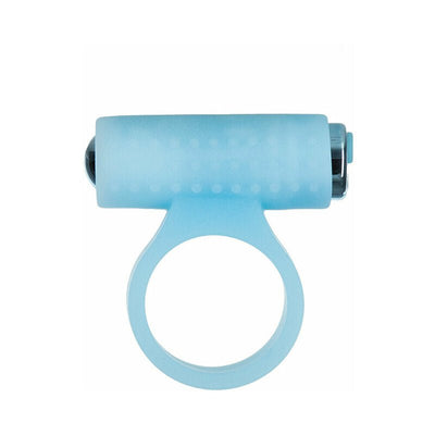 Blue silicone cock ring with textured sleeve and rechargeable bullet vibrator attachment