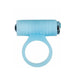 Blue silicone cock ring with textured sleeve and rechargeable bullet vibrator attachment