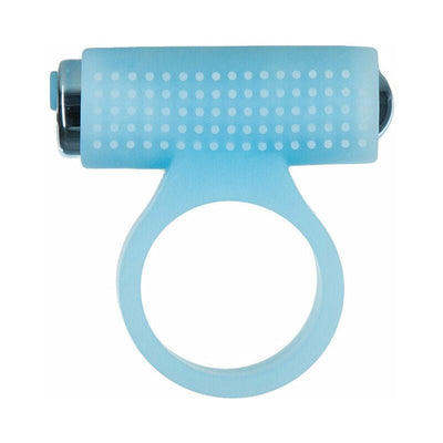 Light blue silicone cock ring with textured sleeve and detachable rechargeable bullet vibrator.