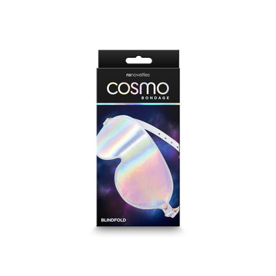 Holographic rainbow Cosmo Bondage blindfold with adjustable white strap in black retail packaging.