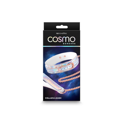 Packaging of Cosmo Bondage Collar and Leash set featuring holographic rainbow collar with rose gold chain leash.