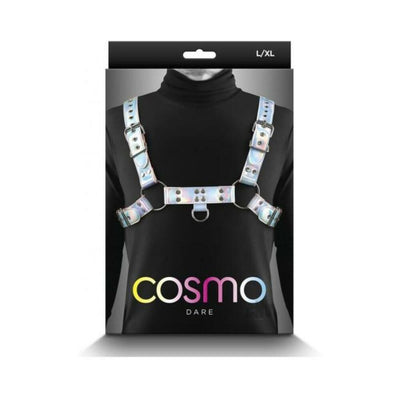 Rainbow-colored adjustable chest harness with silver hardware displayed on black background packaging.