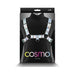 Rainbow-colored adjustable chest harness with silver hardware displayed on black background packaging.