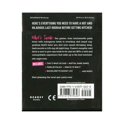 Back of Cosmo's Bachelorette Party Card Games box with game descriptions and party activity details.