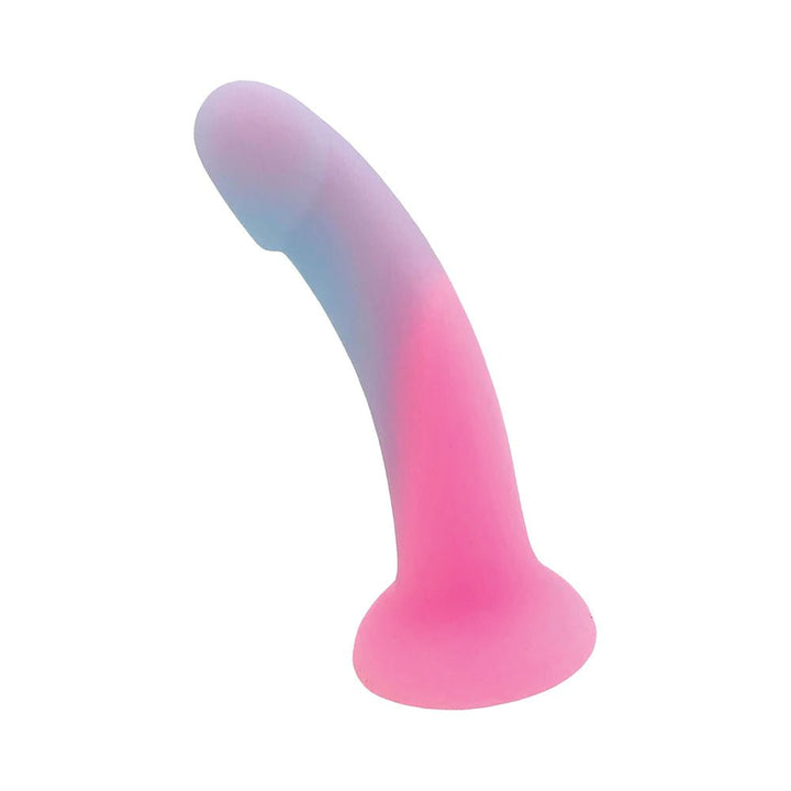 Curved silicone dildo in pastel pink and blue with a suction base for hands-free use.