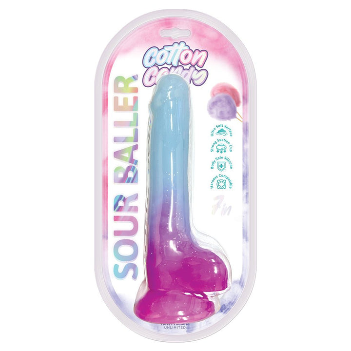Cotton Candy Sour Baller 7-inch silicone toy in blue and purple gradient with suction cup base in clear packaging.
