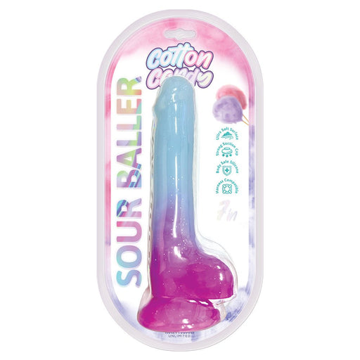 Cotton Candy Sour Baller 7-inch silicone toy in blue and purple gradient with suction cup base in clear packaging.