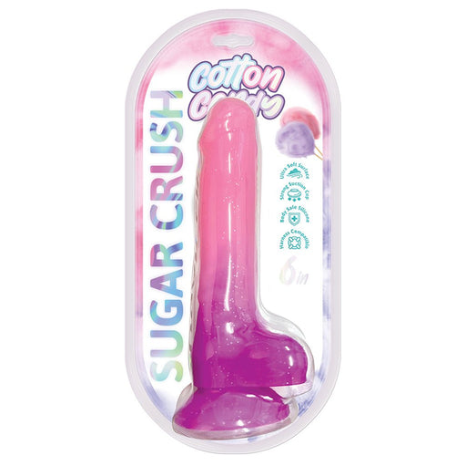 Pink and purple 6-inch silicone toy with suction base in clear Cotton Candy Sugar Crush packaging