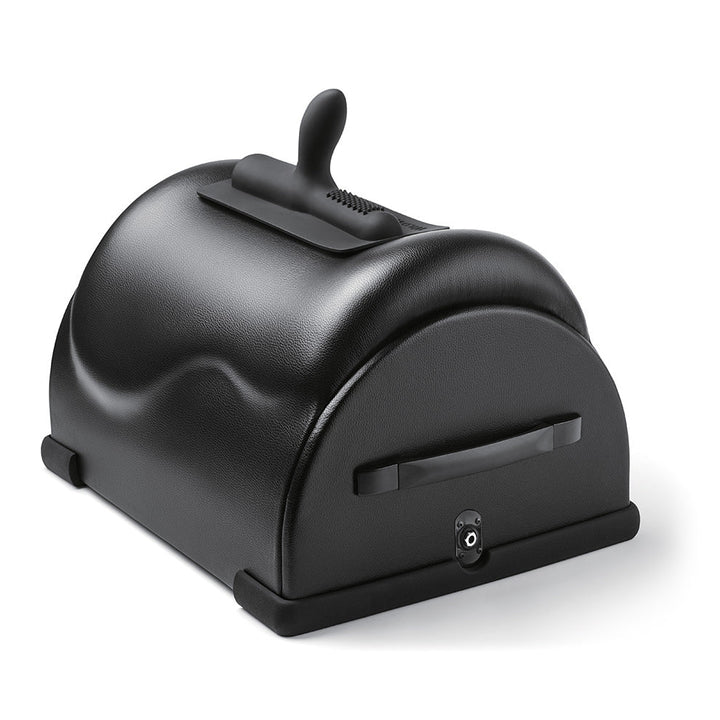 Black ergonomic Cowgirl Premium Sex Machine with curved saddle and silicone attachment on a white background.