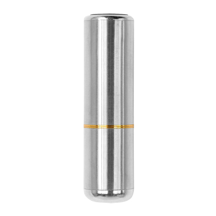 Sleek silver bullet vibrator with a gold band accent, made from polished stainless steel.