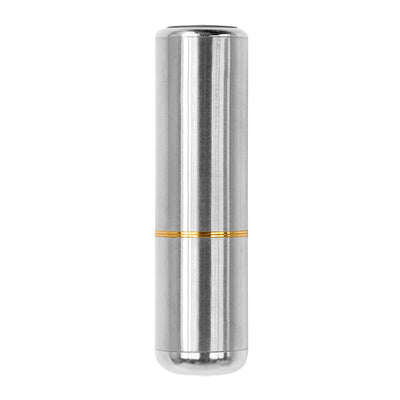 Sleek silver bullet vibrator with a gold band accent, made from polished stainless steel.