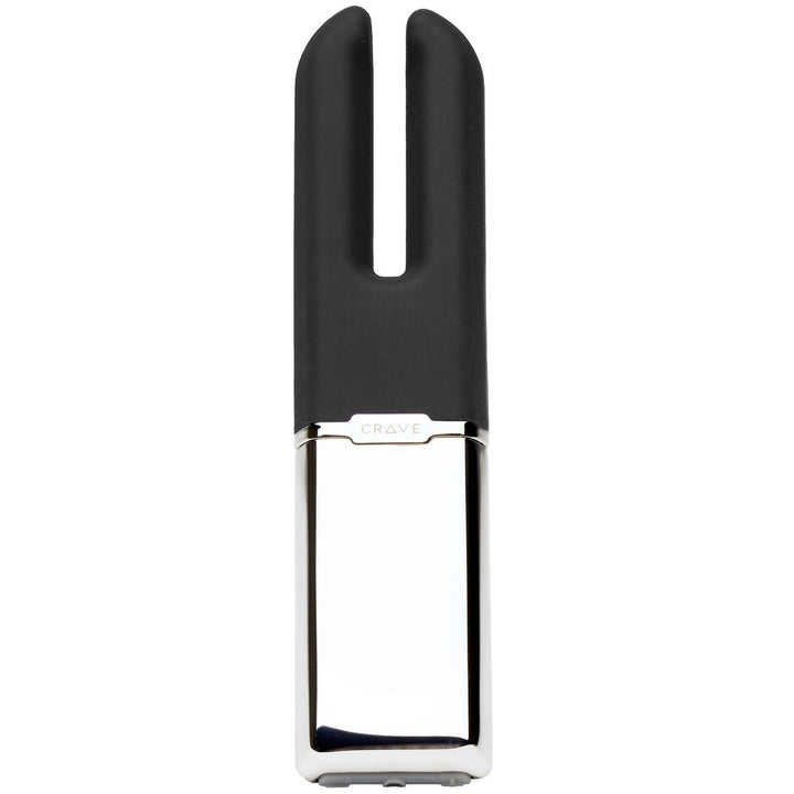 Sleek black and silver Crave Duet clitoral stimulator with dual prongs and smooth silicone finish.