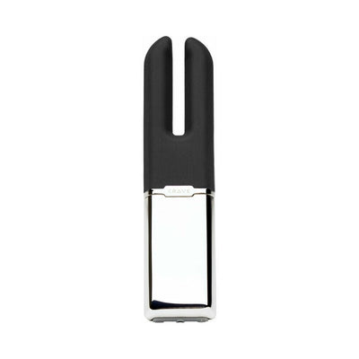 Sleek black and silver Crave Duet clitoral stimulator with dual prongs and smooth silicone finish.