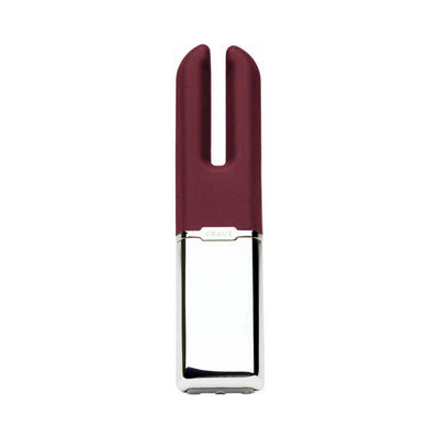Crave Duet clitoral stimulator in burgundy silicone with sleek silver base and dual prongs design.