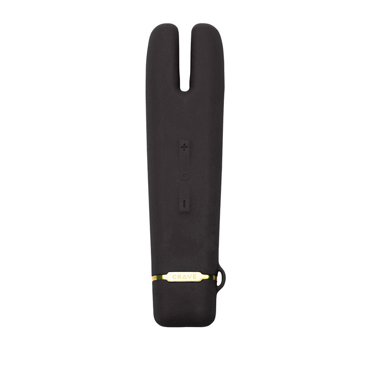 Black dual-tip vibrator with flexible silicone body, control buttons, and gold-accented Crave branding band.