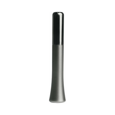 Sleek gun metal and black compact vibrator with smooth, elegant design and rounded tip.