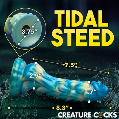Blue and yellow iridescent sea stallion dildo with measurements and suction cup base shown against a dark ocean background.