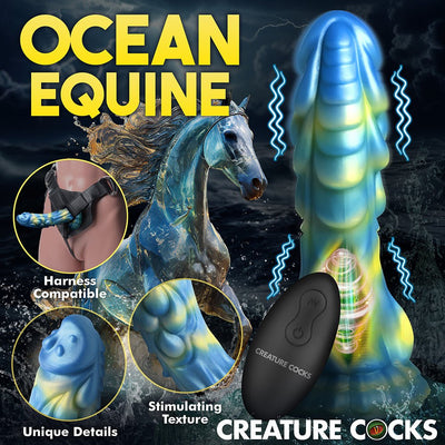 Blue and yellow iridescent sea stallion dildo with ribbed texture, unique details, remote control, and harness compatibility.