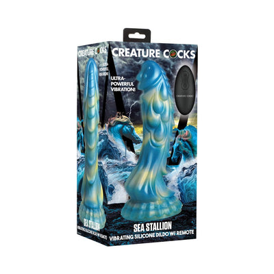 Blue and yellow iridescent sea stallion-shaped silicone dildo with remote in decorative packaging.