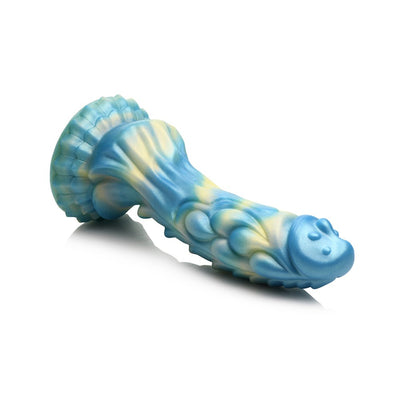 Blue and yellow iridescent silicone dildo with textured ridges and suction cup base on white background.