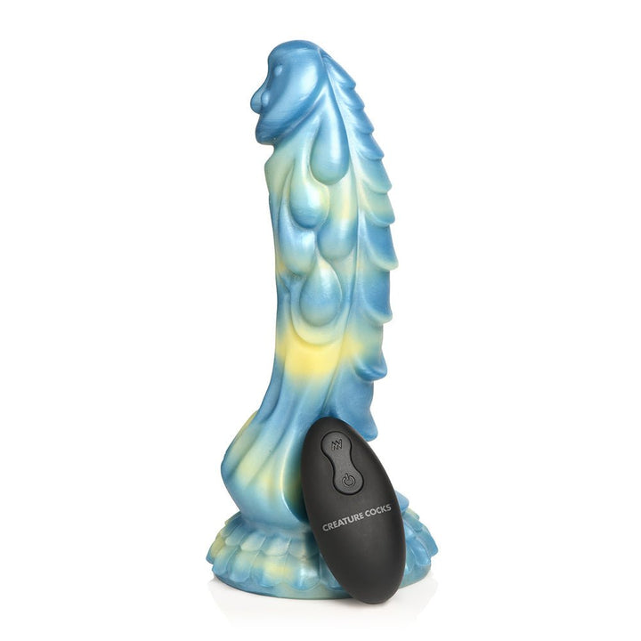 Blue and yellow iridescent sea stallion-themed silicone dildo with suction base and black remote control.