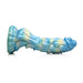 Blue and yellow iridescent silicone dildo with textured sea stallion design and suction cup base on white background.
