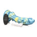 Blue and yellow iridescent sea stallion-themed silicone dildo with suction base, remote control, and USB charging cable.