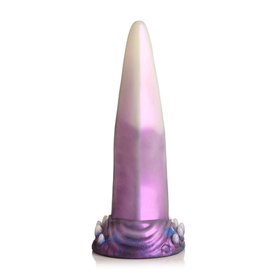 Pearl white, purple, and blue tapered silicone tentacle dildo with suction cup base and textured details.