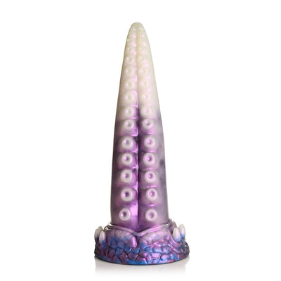 Pearly white and purple silicone tentacle-shaped adult toy with textured suckers and wide suction cup base.