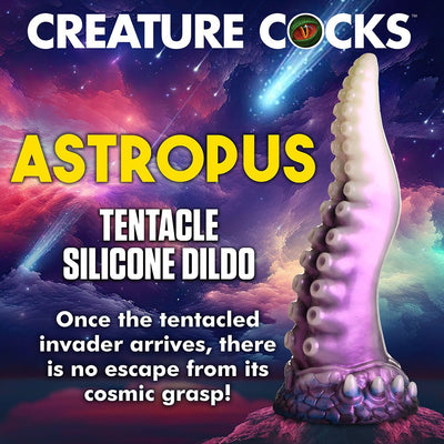 Purple and white silicone tentacle dildo with suction cup base against a cosmic space background.