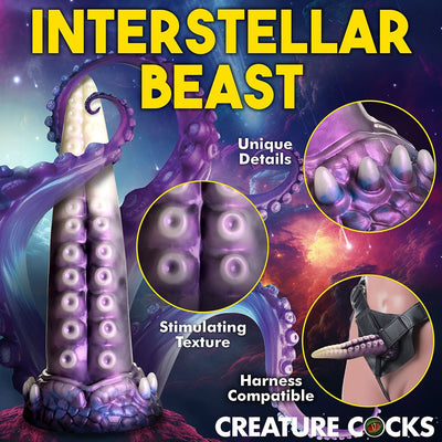 Purple and white tentacle dildo with suction cup base, textured suckers, and horned details, shown with harness compatibility.
