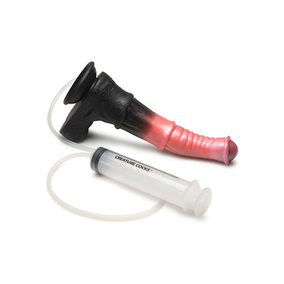 Peach and black centaur-themed dildo with ribbed shaft, suction cup base, and attached syringe for squirting fluids.